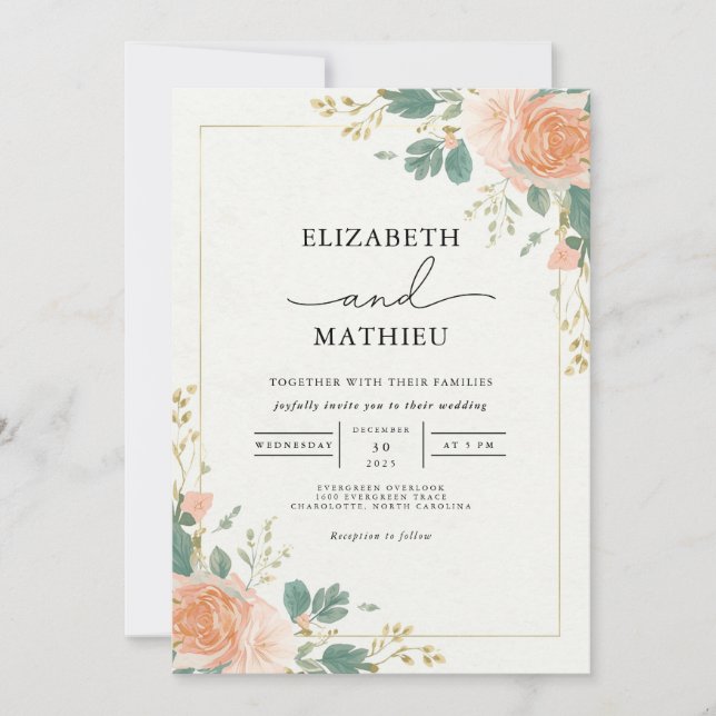 Gilded Apricot Bloom Arch Wedding Einladung (Vorderseite)