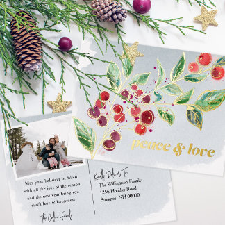 Gilded Berries Peace & Liebe Holiday Foto Folie Einladungspostkarte