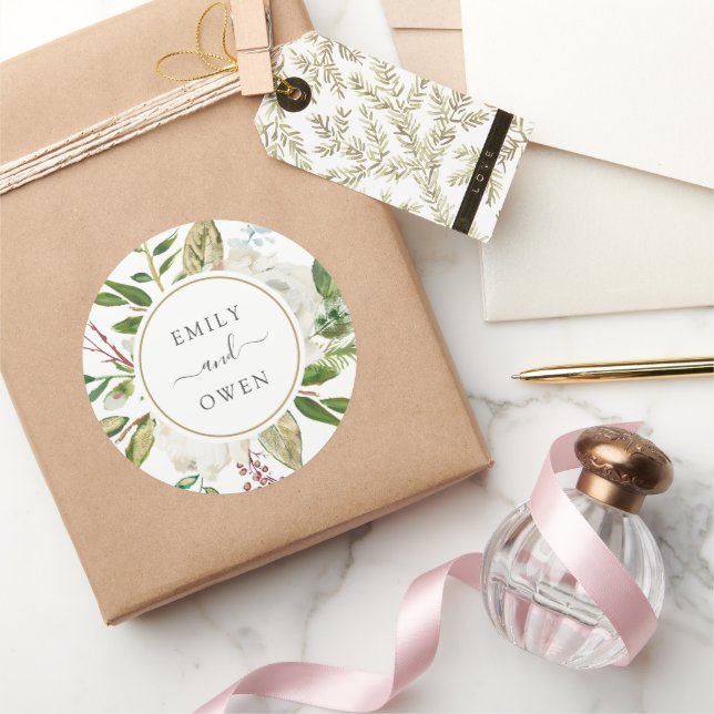 Gilded Blooms Floral Wreath Wedding Monogram Runder Aufkleber (Schenken)