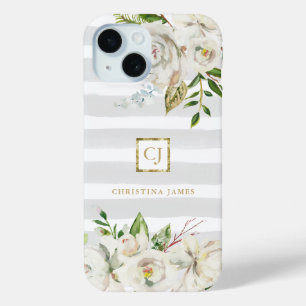 Gilded Blooms Graue Streifen floral Monogramm Case-Mate iPhone Hülle
