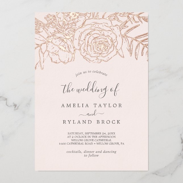 Gilded Bloral Rose Gold Foil Blush Die Hochzeit vo Folieneinladung (Vorderseite)