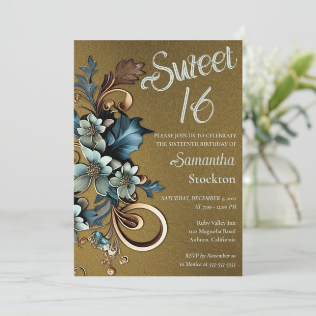 Gilded Botanical mit Gold Sweet 16 Einladung (Stehend Vorderseite)