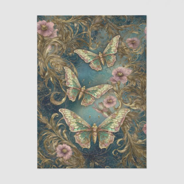Gilded Butterfly Elegance - Art Nouveau Floral Seidenpapier (Vorderseite)