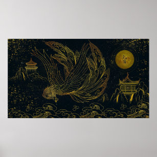 Gilded Chinese Black Gold Peacock Line Zeichnend Poster