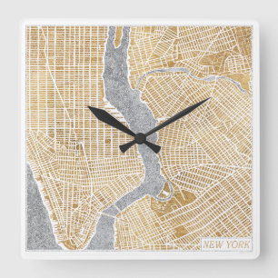 Gilded City Map Of New York Quadratische Wanduhr