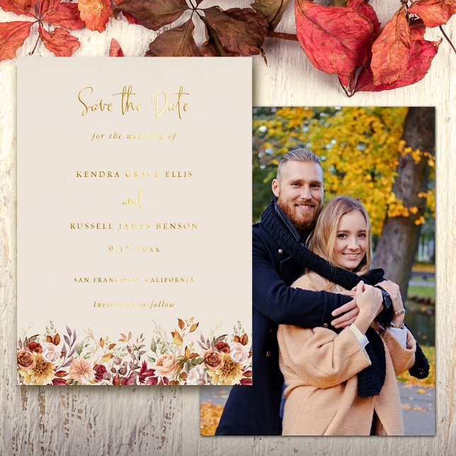 Gilded Fall Terracotta Floral Save the Date Folieneinladung (Von Creator hochgeladen)