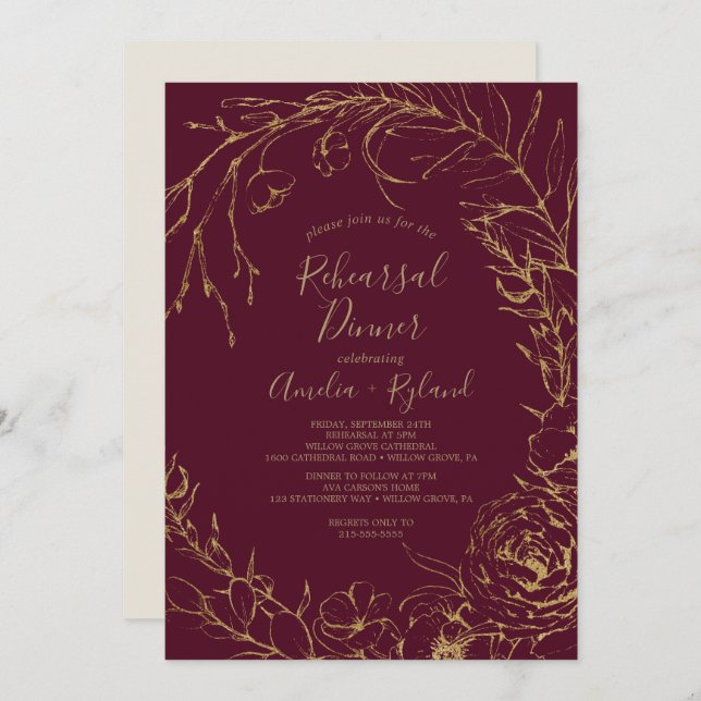 Gilded Floral | Burgund & Gold Probe Dinner Einladung (Vorne/Hinten)