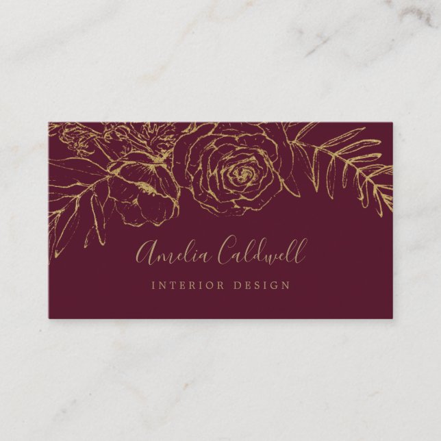 Gilded Floral | Burgund und Gold Business Card Visitenkarte (Vorderseite)