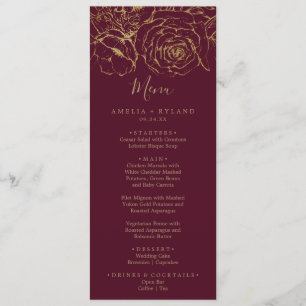 Gilded Floral Burgundy & Gold Hochzeitsmenü Menükarte