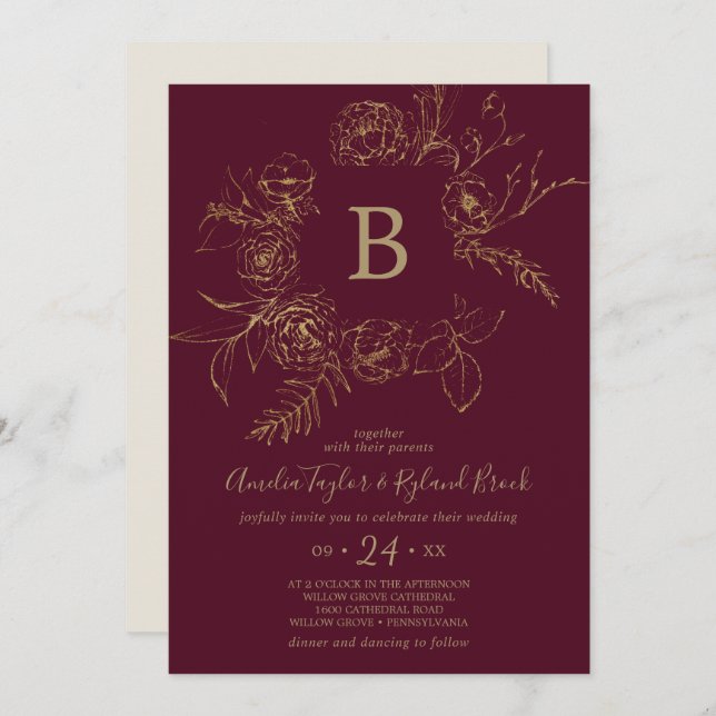 Gilded Floral | Burgundy & Gold Monogram Wedding Einladung (Vorne/Hinten)