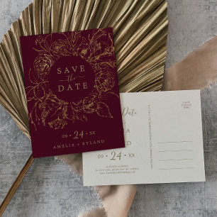 Gilded Floral Burgundy Gold Save the Date Postcard Einladungspostkarte