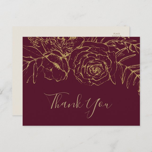 Gilded Floral Burgundy & Gold Vielen Dank Postcard Postkarte (Vorne/Hinten)
