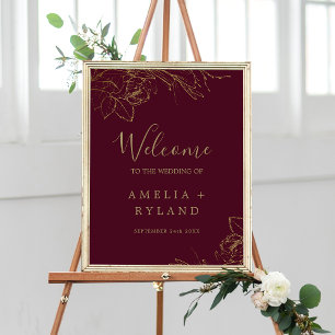 Gilded Floral Burgundy Gold Wedding Willkommen Poster