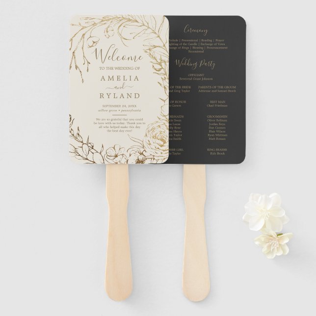 Gilded Floral | Cream and Gold Wedding Program Fan Fächer (Vorne und Hinten)