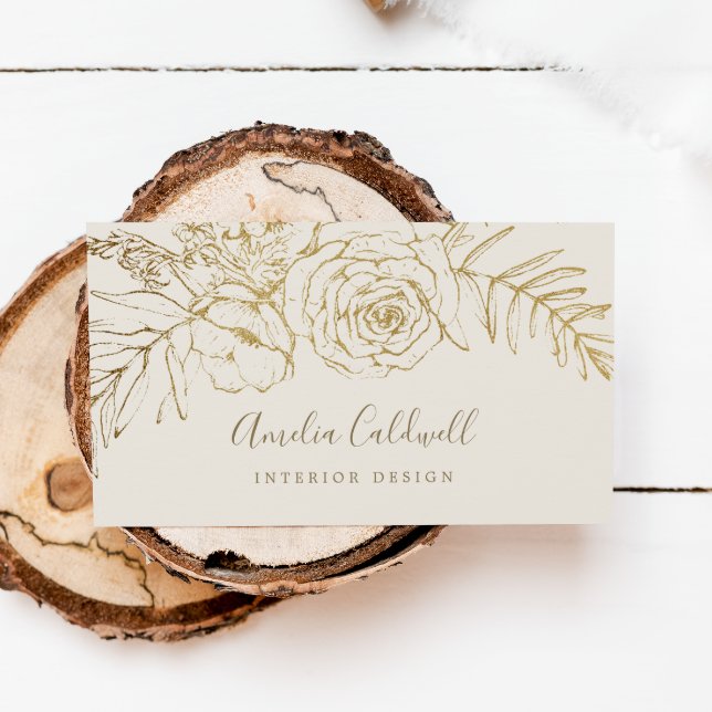 Gilded Floral | Creme and Gold Business Card Visitenkarte (Von Creator hochgeladen)
