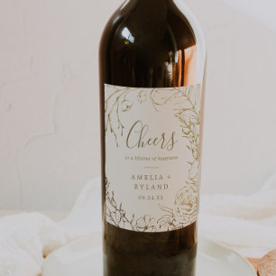 Gilded Floral Creme Cheers Wedding Wine Labels Weinetikett