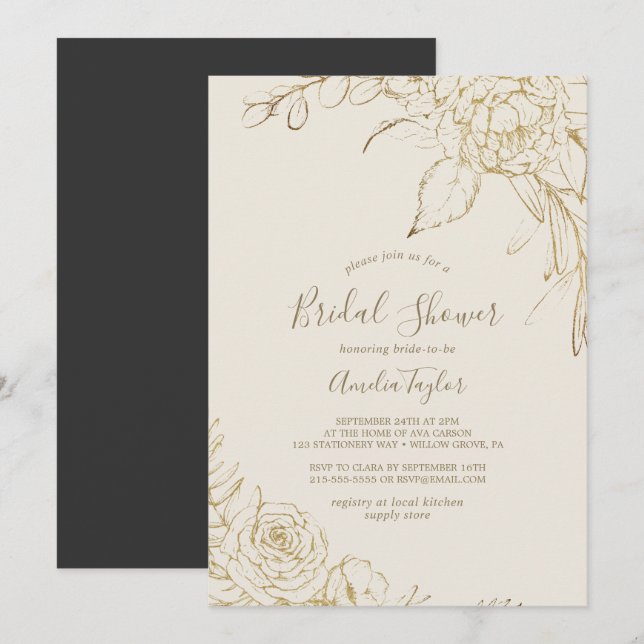 Gilded Floral | Creme und Gold - Brautparty Einladung (Vorne/Hinten)