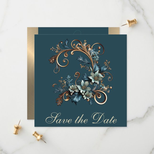 Gilded Floral Elegance Save the Date (Vorderseite/Rückseite Beispiel)