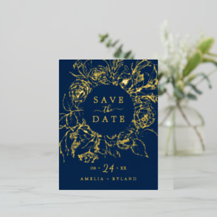 Gilded Floral   Gold Foil Navy Blue Save the Date Folie Einladungspostkarte