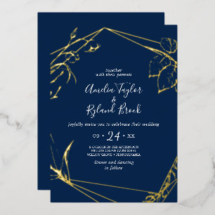 Gilded Floral Gold Foil Navy Front Back Wedding Folieneinladung