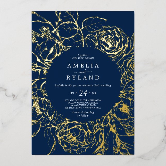 Gilded Floral | Gold Foil Navy Lässige Hochzeit Folieneinladung (Vorderseite)