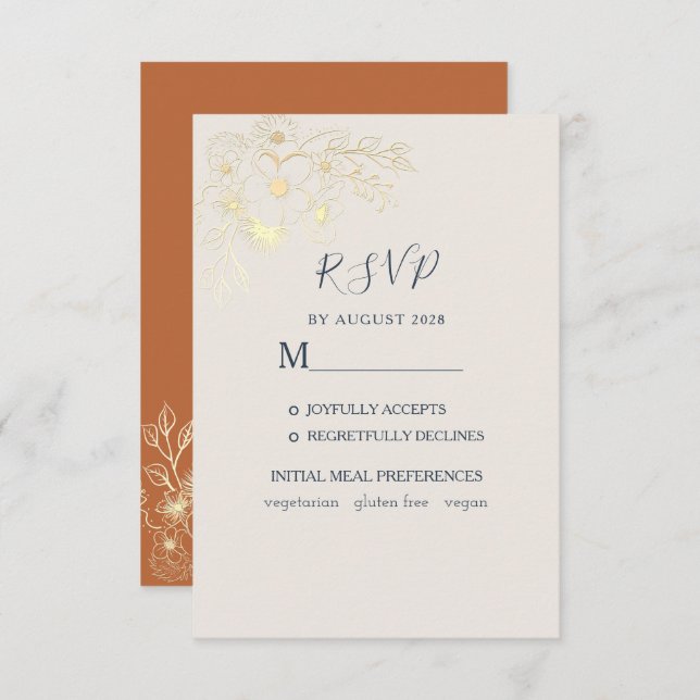 Gilded Floral Gold Wedding RSVP Card (Vorne/Hinten)