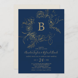 Gilded Floral | Hochzeit von Navy Blue & Gold Mono Einladung