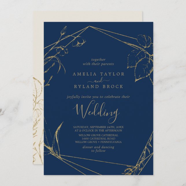 Gilded Floral | Hochzeit von Navy Blue und Gold Einladung (Vorne/Hinten)