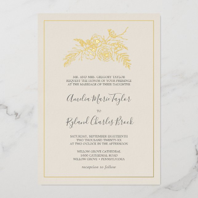 Gilded Floral | Hochzeitsfeiern mit Goldfolie Folieneinladung (Vorderseite)