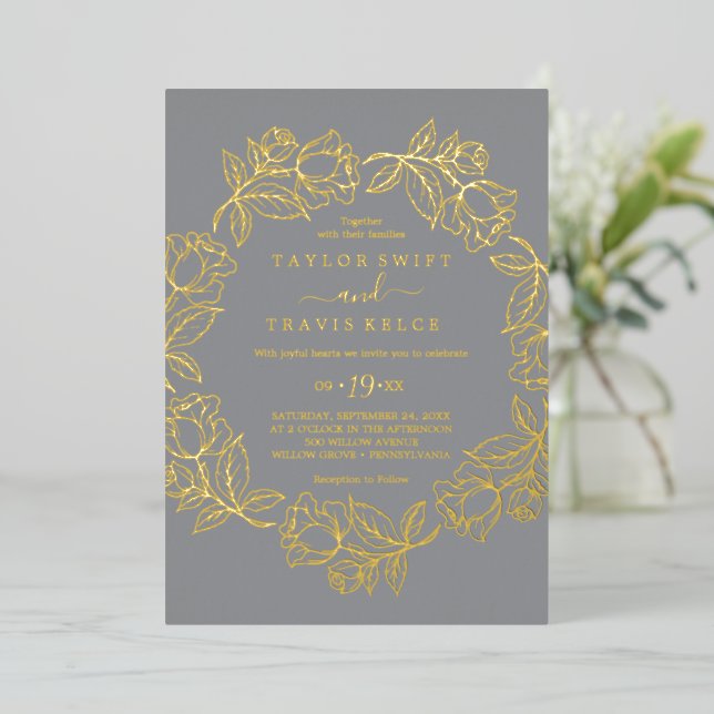 Gilded Floral | Lässige Hochzeit mit Goldfolie Folieneinladung (Stehend vorne)