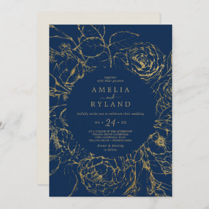 Gilded Floral   Lässige Hochzeit von Navy Blue und Einladung