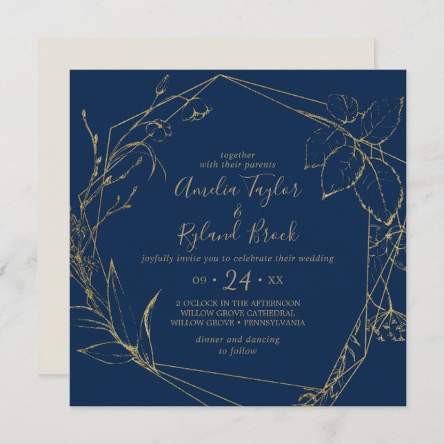 Gilded Floral | Navy Blue & Gold Geometric Wedding Einladung (Vorne/Hinten)