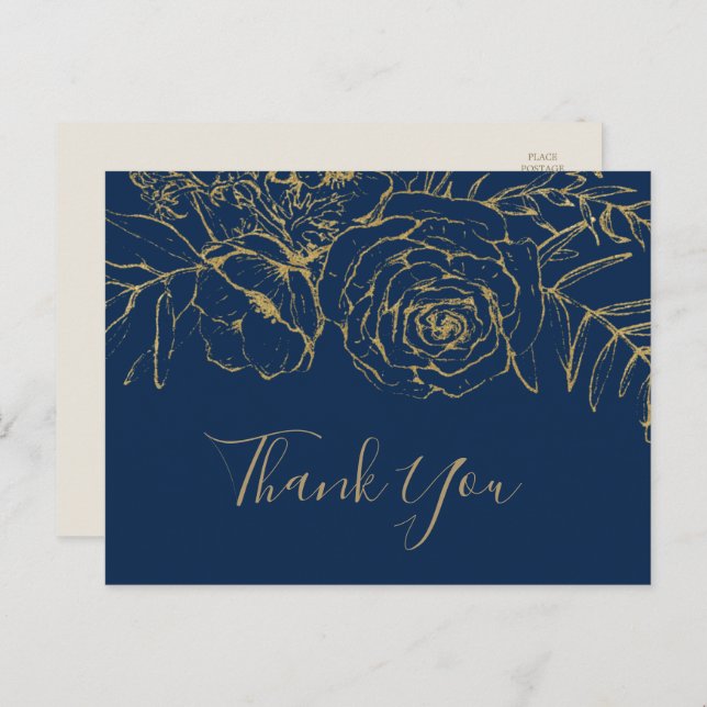 Gilded Floral Navy Blue & Gold Vielen Dank Postcar Postkarte (Vorne/Hinten)