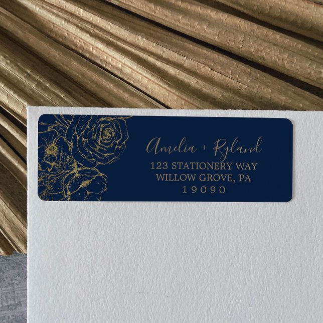 Gilded Floral | Navy & Gold Return Address Label (Von Creator hochgeladen)