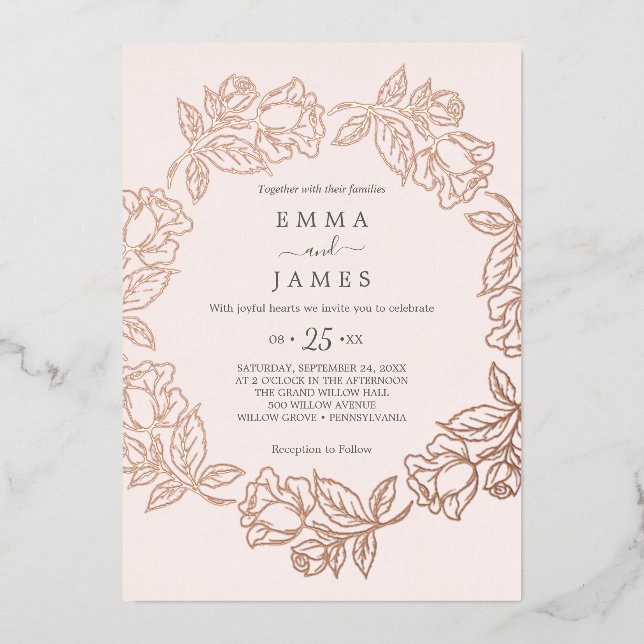 Gilded Floral | Rose-Goldfoil-Blush-Hochzeit Folieneinladung (Vorderseite)