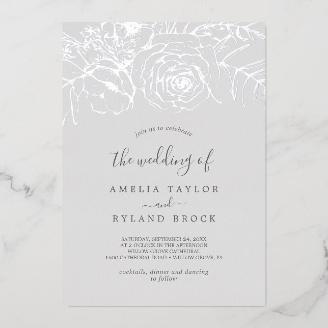 Gilded Floral | Silberstreifen grau beim Hochzehen Folieneinladung (Vorderseite)