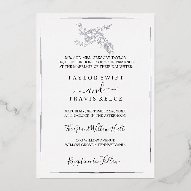 Gilded Floral | Silver Foil Formal Wedding Folieneinladung (Vorderseite)