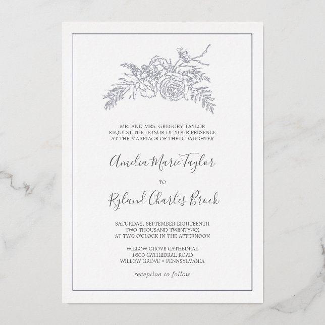 Gilded Floral | Silver Foil Formal Wedding Folieneinladung (Vorderseite)