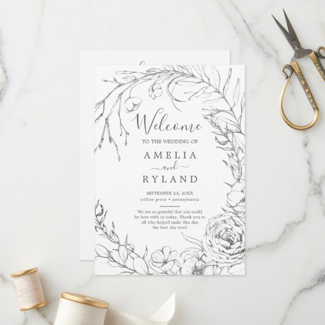 Gilded Floral Wreath | Silver & White Wedding Programm (Vorderseite/Rückseite Beispiel)