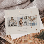 Gilded Forest | Elegante Weihnachts-FotoCollage Folien Feiertagskarte<br><div class="desc">Ein modernes und elegantes Weihnachtskartendesign mit drei quadratischen Fotos,  die nebeneinander auf einem warmen Elfenbeinhintergrund mit Rose-Goldfolie-Kiefernbäumen angeordnet sind. Personalisieren Sie mit Ihrem individuellen Urlaubsgruß,  Familiennamen und dem Jahr.</div>
