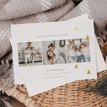 Gilded Forest | Elegante Weihnachts-FotoCollage Folien Feiertagskarte<br><div class="desc">Ein modernes und elegantes Weihnachtskartendesign mit drei quadratischen Fotos,  die nebeneinander auf einem weißen Hintergrund mit goldgelben Pinienbäumen angeordnet sind. Personalisieren Sie mit Ihrem individuellen Urlaubsgruß,  Familiennamen und dem Jahr.</div>
