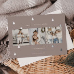 Gilded Forest | Elegante Weihnachts-FotoCollage Folien Feiertagskarte<br><div class="desc">Ein modernes und elegantes Weihnachtskartendesign mit drei quadratischen Fotos,  die nebeneinander auf einem neutralen,  mit silbernen Pinienbäumen gedeckten Untergrund angeordnet sind. Personalisieren Sie mit Ihrem individuellen Urlaubsgruß,  Familiennamen und dem Jahr.</div>