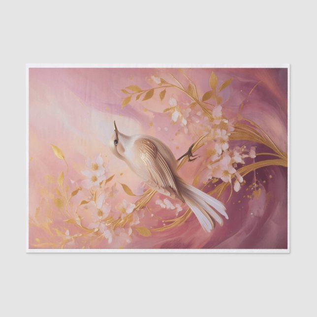 Gilded Garden Friends, Eleganter Vogel auf Rosa Seidenpapier (Vorderseite)