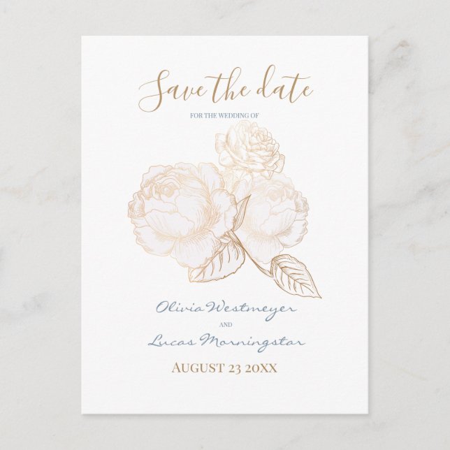 Gilded Gold Rose Dusty Blue Ivory Save the Date Postkarte (Vorderseite)