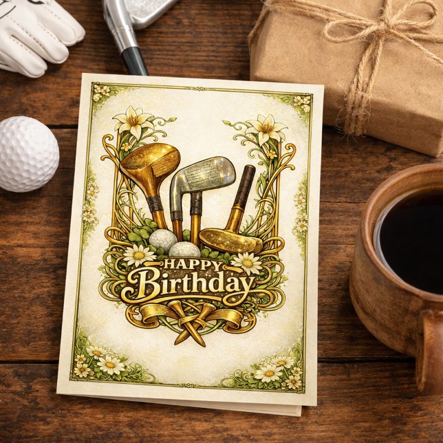 Gilded Golf Antique Illustration Birthday Karte (Von Creator hochgeladen)