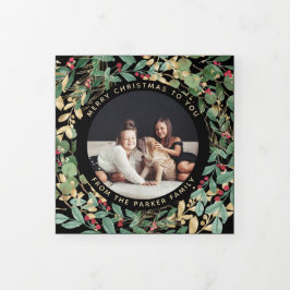 Gilded Greenery Black | Weihnachten für mehrere Fo Dreifach Gefaltete Urlaubskarte