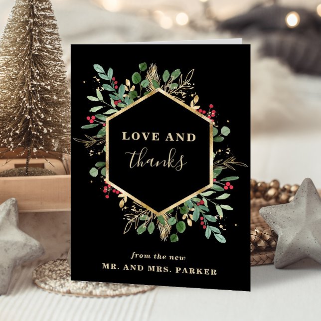 Gilded Greenery Black | Weihnachtsfeier im Foto Dankeskarte (An elegant thank you card for your Christmas wedding)