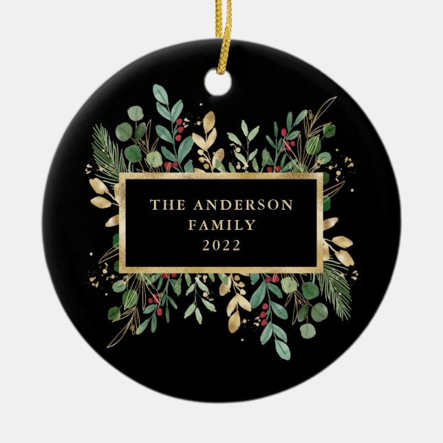 Gilded Greenery Black | Weihnachtsfeiertag Keramik Ornament (Vorne)