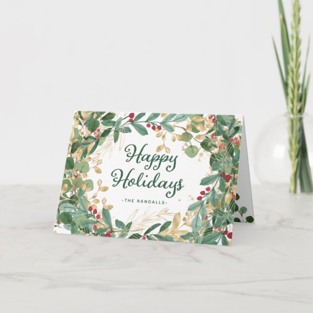 Gilded Greenery | Happy Holidays Feiertagskarte (Vorderseite)