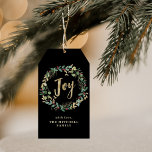 Gilded Greenery on Black | Joy Geschenkanhänger<br><div class="desc">These gorgeous holiday gift tags feature a festive watercolor wreath of gold leaves,  Christmas greenery,  and red holly berries on a modern black background. The word "joy" is featured in elegant,  faux gold calligraphy.</div>